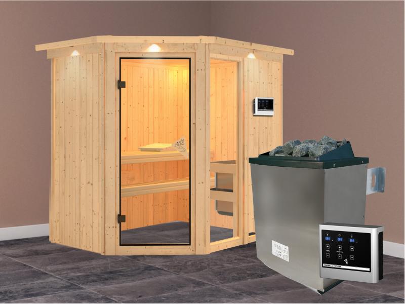 Fiona 1 - Karibu Sauna inkl. 9-kW-Ofen - mit Dachkranz -
