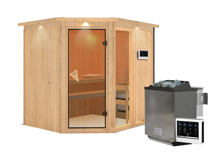 Fiona 2 - Karibu Sauna inkl. 9-kW-Bioofen - mit Dachkranz -