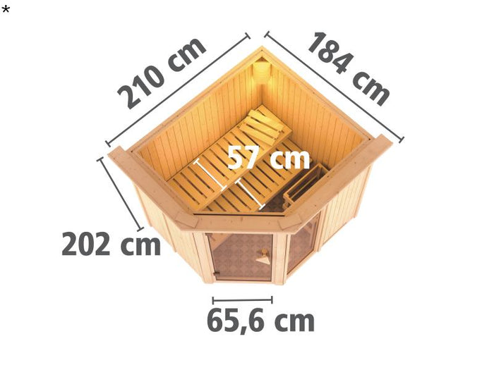 Fiona 2 - Karibu Sauna inkl. 9-kW-Bioofen - mit Dachkranz -