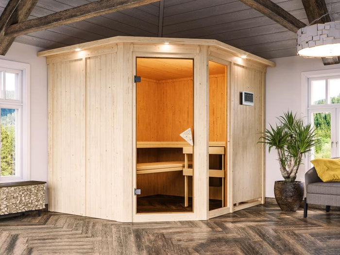 Fiona 3 - Karibu Sauna inkl. 9-kW-Bioofen - mit Dachkranz -