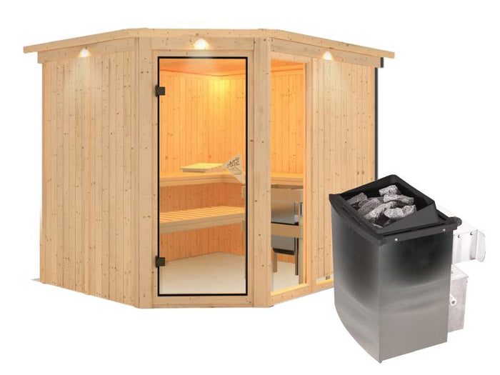 Fiona 3 - Karibu Sauna inkl. 9-kW-Ofen - mit Dachkranz -