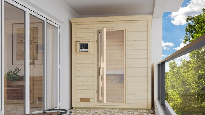 Karibu Saunahaus Hytti 0 38 mm - Ofen 9kW Bio ext. Strg. - Iso Tür naturbelassen