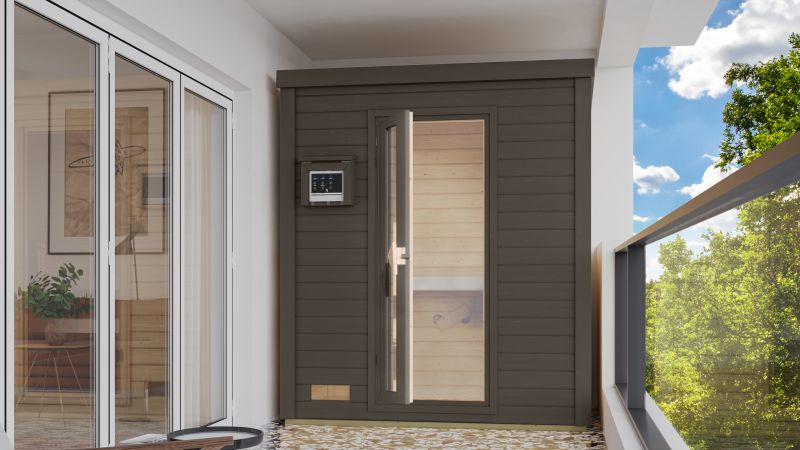 Karibu Saunahaus Hytti 0 38 mm - Ofen 9kW ext. Strg. - Iso Tür, terragrau