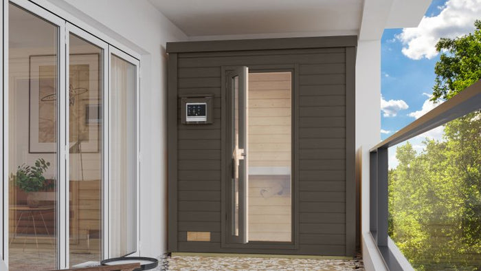 Karibu Saunahaus Hytti 0 38 mm - Ofen 9kW ext. Strg. - Iso Tür, terragrau