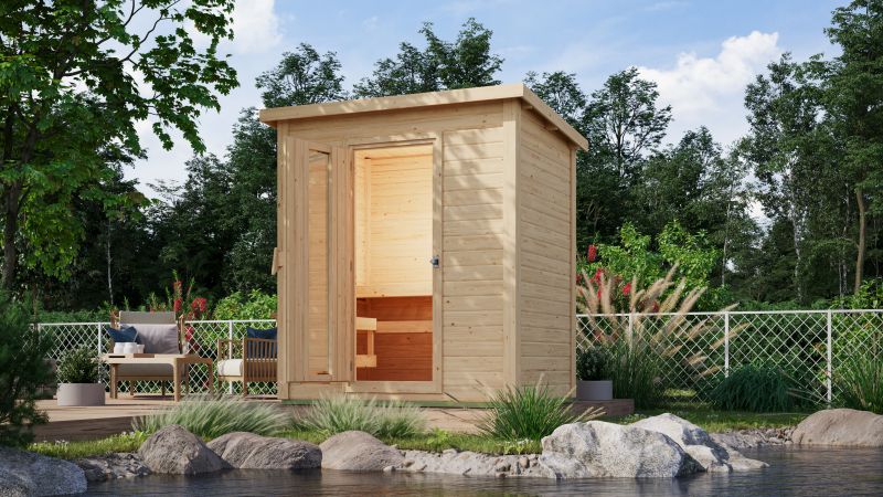 Karibu Saunahaus Hytti 1  38 mm - inkl. 9 kW Bioofen ext. Steuerung - mit Energiespartür und Fußbode