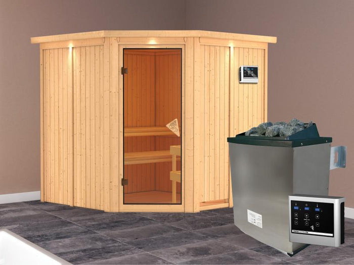 Jarin - Karibu Sauna inkl. 9-kW-Ofen - mit Dachkranz -