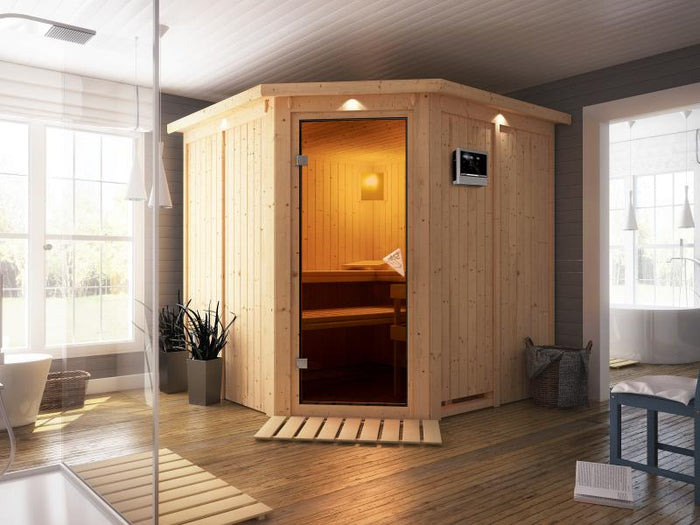 Jarin - Karibu Sauna inkl. 9-kW-Ofen - mit Dachkranz -