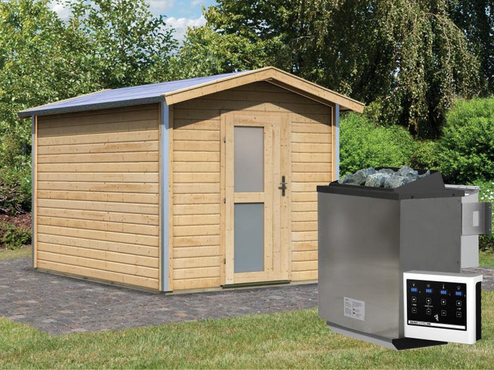 Karibu 38 mm Saunahaus Bosse 1 mit Vorraum - 9 kW Bio Ofen, ext. Steuerung - Milchglastür