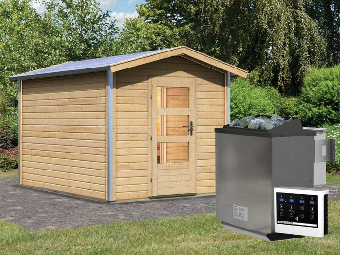 Karibu 38 mm Saunahaus Bosse 1 mit Vorraum - 9 kW Bio Ofen, ext. Steuerung - Moderne Saunatür