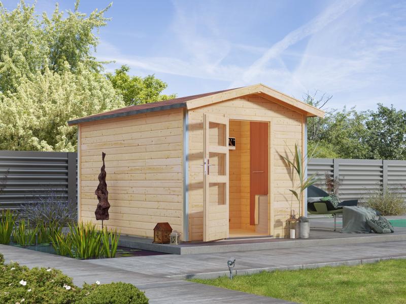 Karibu 38 mm Saunahaus Bosse 1 mit Vorraum - 9 kW Bio Ofen, ext. Steuerung - Moderne Saunatür