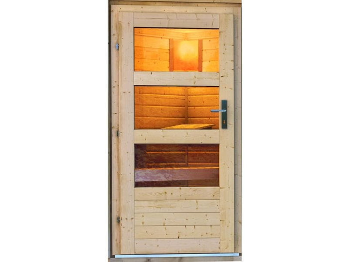Karibu 38 mm Saunahaus Bosse 1 mit Vorraum - 9 kW Bio Ofen, ext. Steuerung - Moderne Saunatür