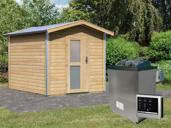 Karibu 38 mm Saunahaus Bosse 1 mit Vorraum - 9 kW Ofen, ext. Steuerung - Milchglastür