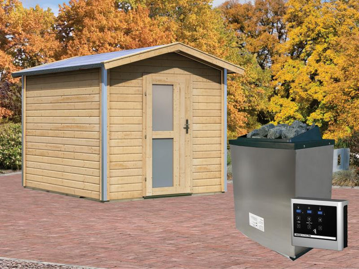 Karibu 38 mm Saunahaus Bosse 1 mit Vorraum - 9 kW Ofen, ext. Steuerung - Milchglastür