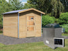 Karibu 38 mm Saunahaus Bosse 1 mit Vorraum - 9 kW Ofen, ext. Steuerung - Moderne Saunatür