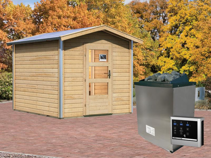 Karibu 38 mm Saunahaus Bosse 1 mit Vorraum - 9 kW Ofen, ext. Steuerung - Moderne Saunatür