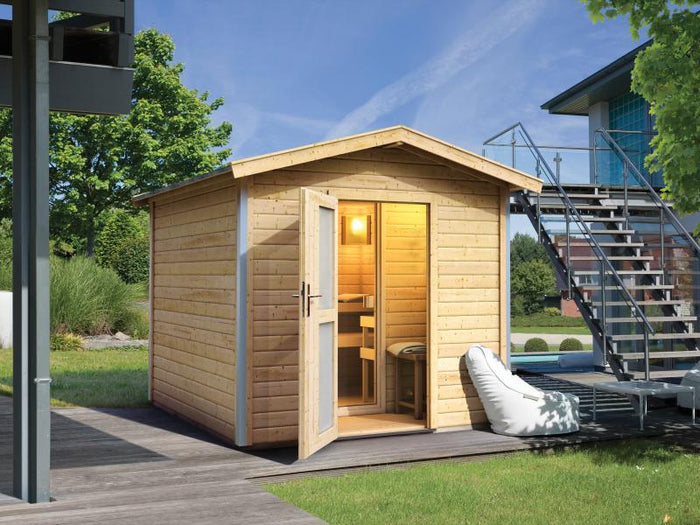 Karibu 38 mm Saunahaus Bosse 1 mit Vorraum - ohne Ofen - Milchglastür
