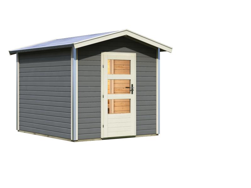 Karibu 38 mm Saunahaus Bosse 1 terragrau mit Vorraum - ohne Ofen - Moderne Saunatür