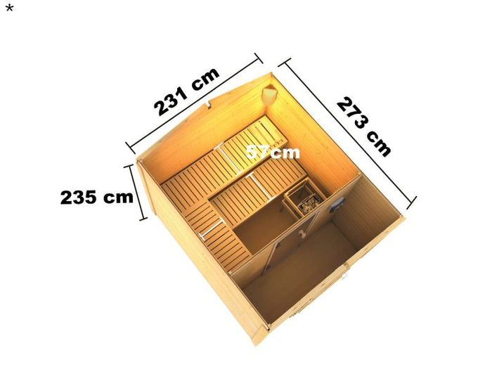 Karibu 38 mm Saunahaus Bosse 1 terragrau mit Vorraum - ohne Ofen - Moderne Saunatür