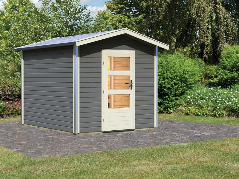 Karibu 38 mm Saunahaus Bosse 1 terragrau mit Vorraum - ohne Ofen - Moderne Saunatür