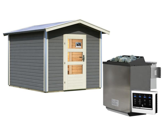 Karibu 38 mm Saunahaus Bosse 1 terragrau mit Vorraum - 9 kW Bio Ofen, ext. Steuerung - Moderne Sauna