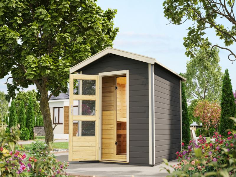 Karibu 38 mm Saunahaus Bosse 1 terragrau mit Vorraum - 9 kW Bio Ofen, ext. Steuerung - Moderne Sauna