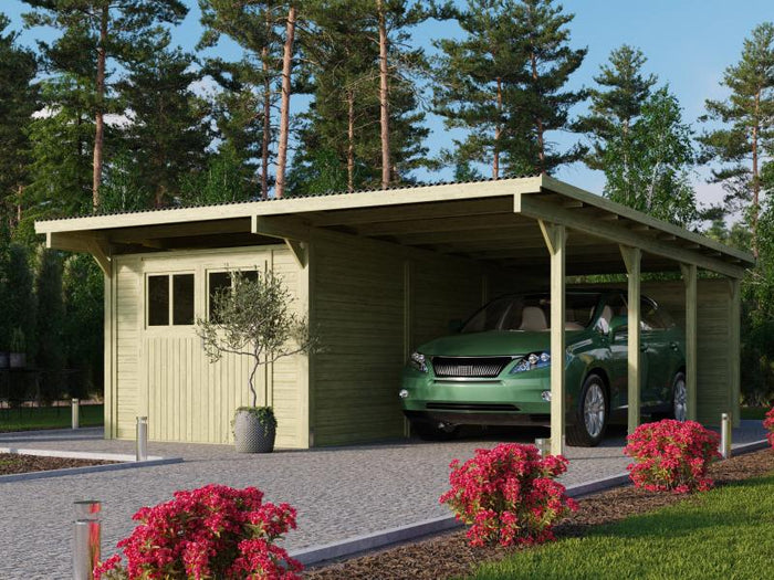 Karibu Doppelcarport ECO mit integriertem Abstellraum 3 und Wände