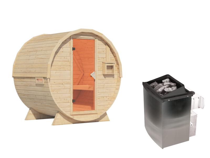Karibu Fasssauna 1, 38 mm- inkl. 9 kW Ofen integr. Steuerung
