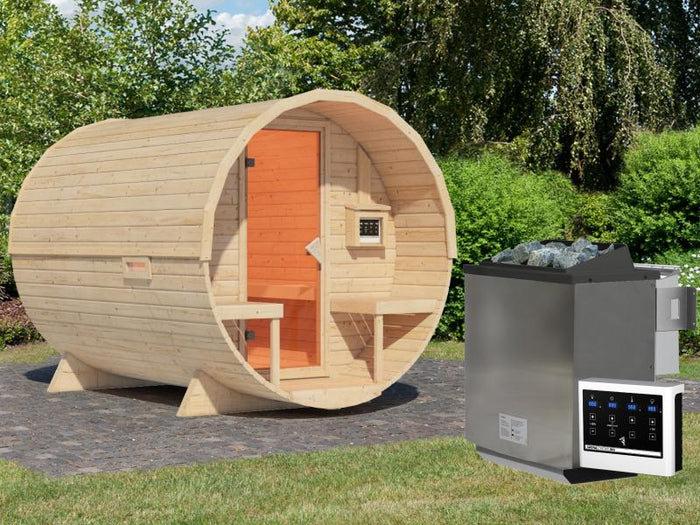 Karibu Fasssauna 2 - 38 mm - inkl. 9 kW Bioofen ext. Steuerung