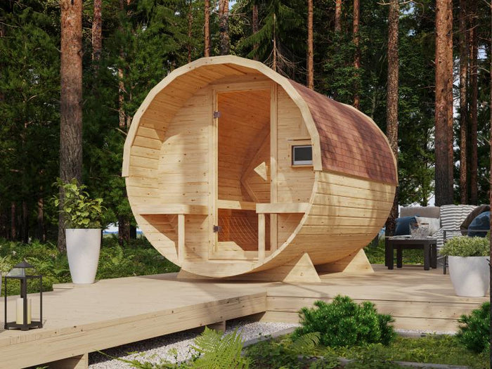 Karibu Fasssauna 2 ohne Ofen - 38 mm- im Set mit Dachschindeln