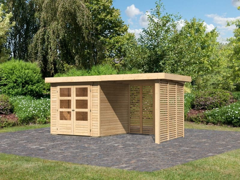 Karibu Gartenhaus Askola 2 inkl. 2,4 m Anbaudach mit Lamellenwänden