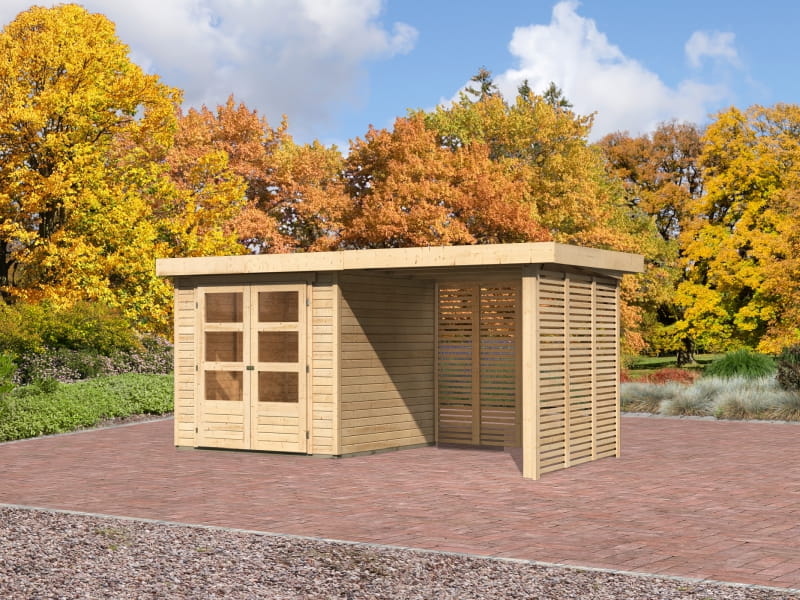 Karibu Gartenhaus Askola 2 inkl. 2,4 m Anbaudach mit Lamellenwänden