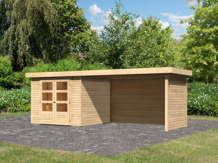 Karibu Gartenhaus Askola 2 mit Anbaudach 2,25 Meter, Seiten- und Rückwand