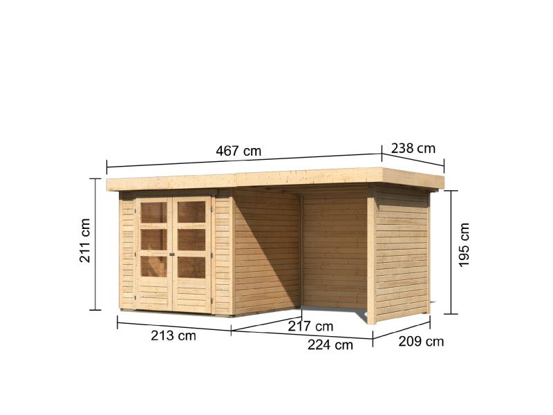 Karibu Gartenhaus Askola 2 mit Anbaudach 2,25 Meter, Seiten- und Rückwand