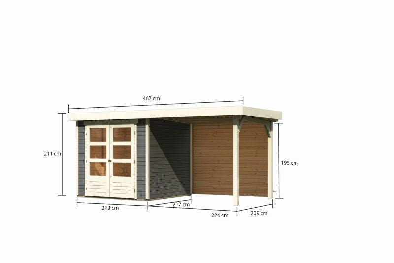 Karibu Gartenhaus Askola 2 mit Anbaudach 2,40 m, Rückwand terragrau