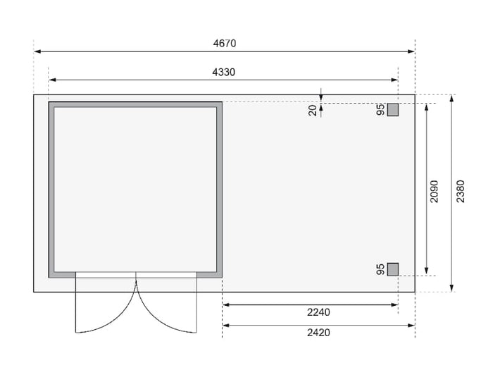Karibu Gartenhaus Askola 2 mit Anbaudach 2,40 m, Rückwand terragrau