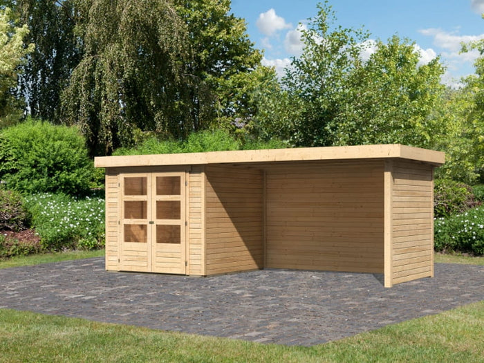 Karibu Gartenhaus Askola 2 mit Anbaudach 2,75 Meter, Seiten- und Rückwand