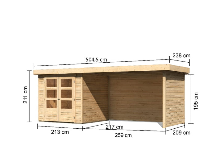 Karibu Gartenhaus Askola 2 mit Anbaudach 2,75 Meter, Seiten- und Rückwand