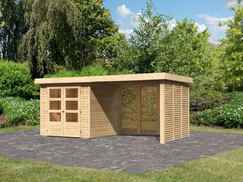 Karibu Gartenhaus Askola 2 mit Anbaudach 2,8 m und Seiten- und Rückwand in Lamellenoptik