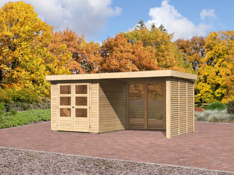 Karibu Gartenhaus Askola 2 mit Anbaudach 2,8 m und Seiten- und Rückwand in Lamellenoptik