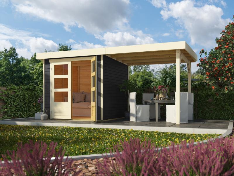 Karibu Gartenhaus Askola 2 terragrau mit Anbaudach 2,40 Meter