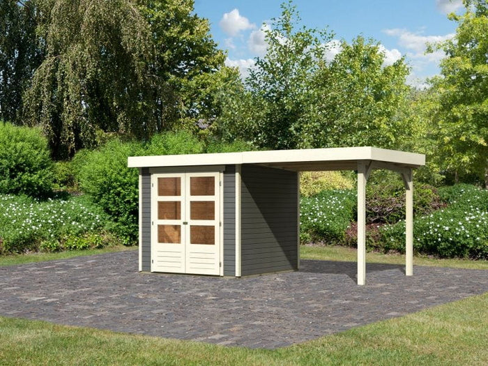 Karibu Gartenhaus Askola 2 terragrau mit Anbaudach 2,40 Meter