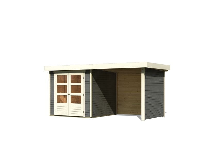 Karibu Gartenhaus Askola 2 terragrau mit Anbaudach 2,40 Meter, Seiten- und Rückwand