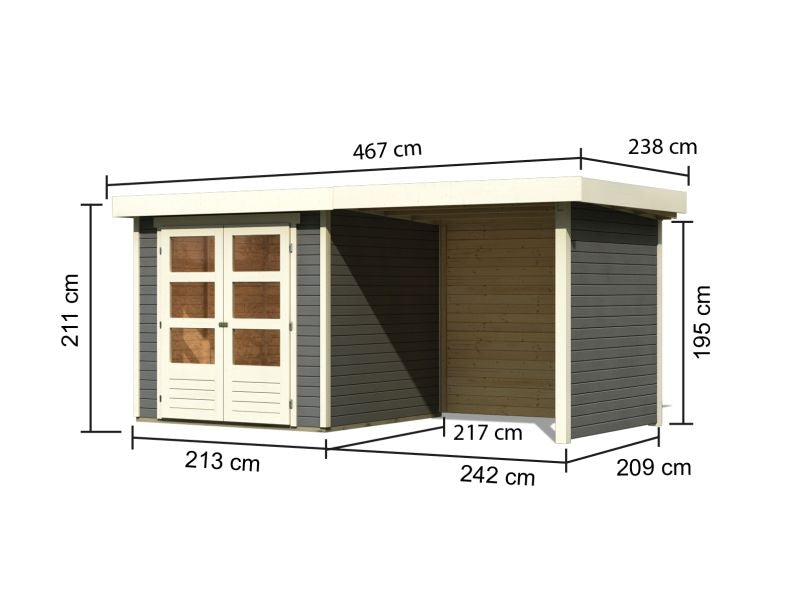 Karibu Gartenhaus Askola 2 terragrau mit Anbaudach 2,40 Meter, Seiten- und Rückwand