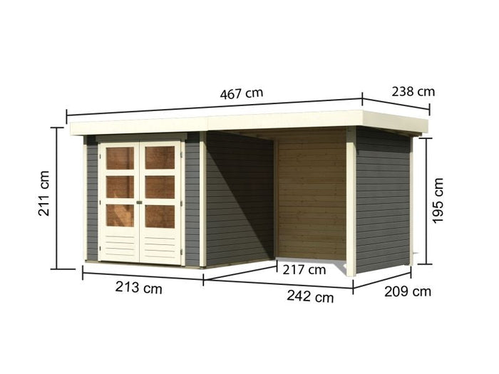 Karibu Gartenhaus Askola 2 terragrau mit Anbaudach 2,40 Meter, Seiten- und Rückwand