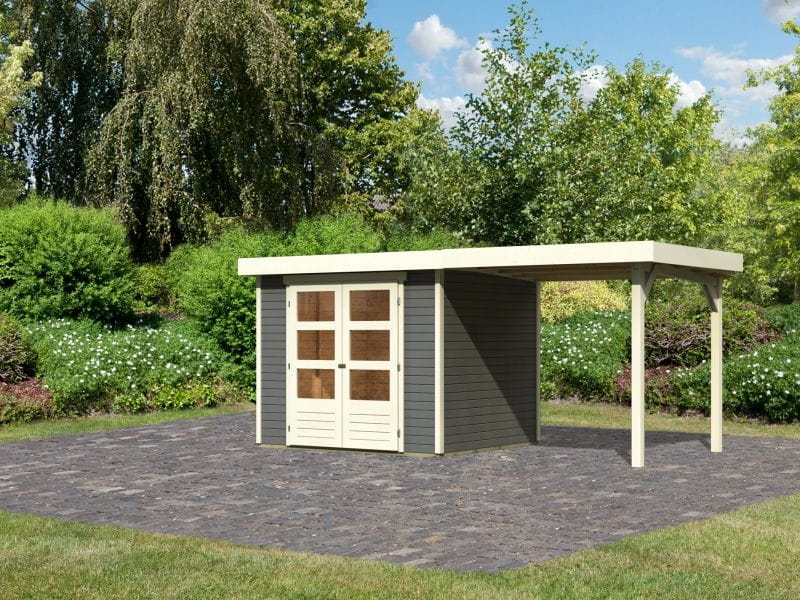 Karibu Gartenhaus Askola 3 in terragrau mit Anbaudach 2,40 Meter