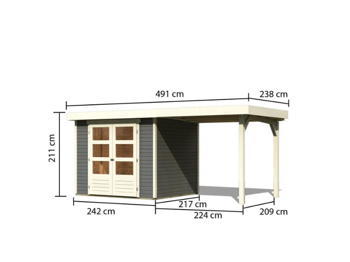 Karibu Gartenhaus Askola 3 in terragrau mit Anbaudach 2,40 Meter