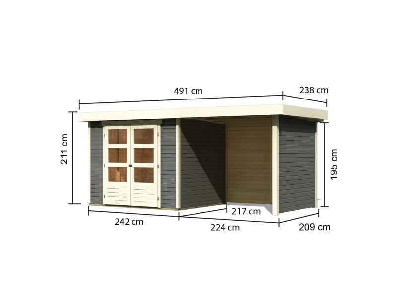 Karibu Gartenhaus Askola 3 in terragrau mit Anbaudach 2,40 Meter, Seiten- und Rückwand