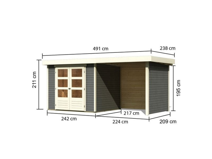 Karibu Gartenhaus Askola 3 in terragrau mit Anbaudach 2,40 Meter, Seiten- und Rückwand