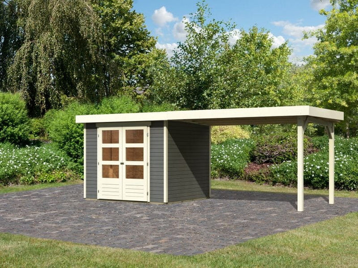 Karibu Gartenhaus Askola 3 in terragrau mit Anbaudach 2,80 Meter