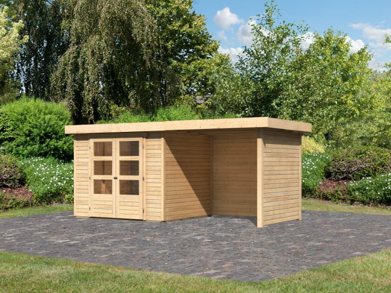 Karibu Gartenhaus Askola 3 mit Anbaudach 2,25 Meter, Seiten- und Rückwand